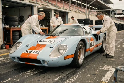 Porsche 917K en livrée Gulf bleu et orange sur la voie des stands d'un circuit historique avec mécaniciens en combinaison blanche