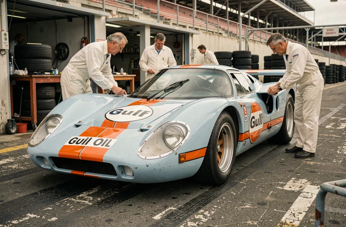 Porsche 917K en livrée Gulf bleu et orange sur la voie des stands d'un circuit historique avec mécaniciens en combinaison blanche