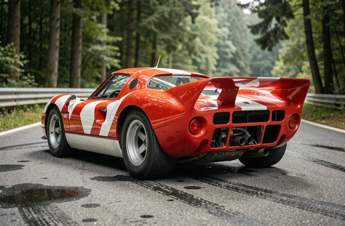 Porsche 917K en livrée Salzburg rouge et blanc négociant un virage sur circuit boisé avec spoiler arrière en détail