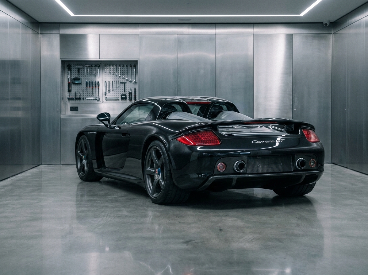 Porsche Carrera GT noire dans un garage privé haut de gamme, vue arrière avec diffuseur et doubles sorties d'échappement