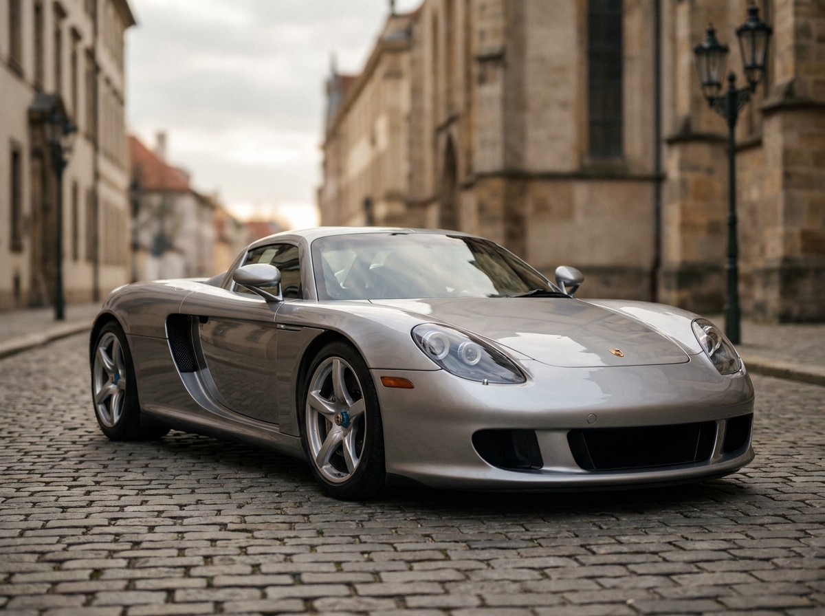 Porsche Carrera GT argent garée sur une rue pavée européenne, vue trois quarts avant