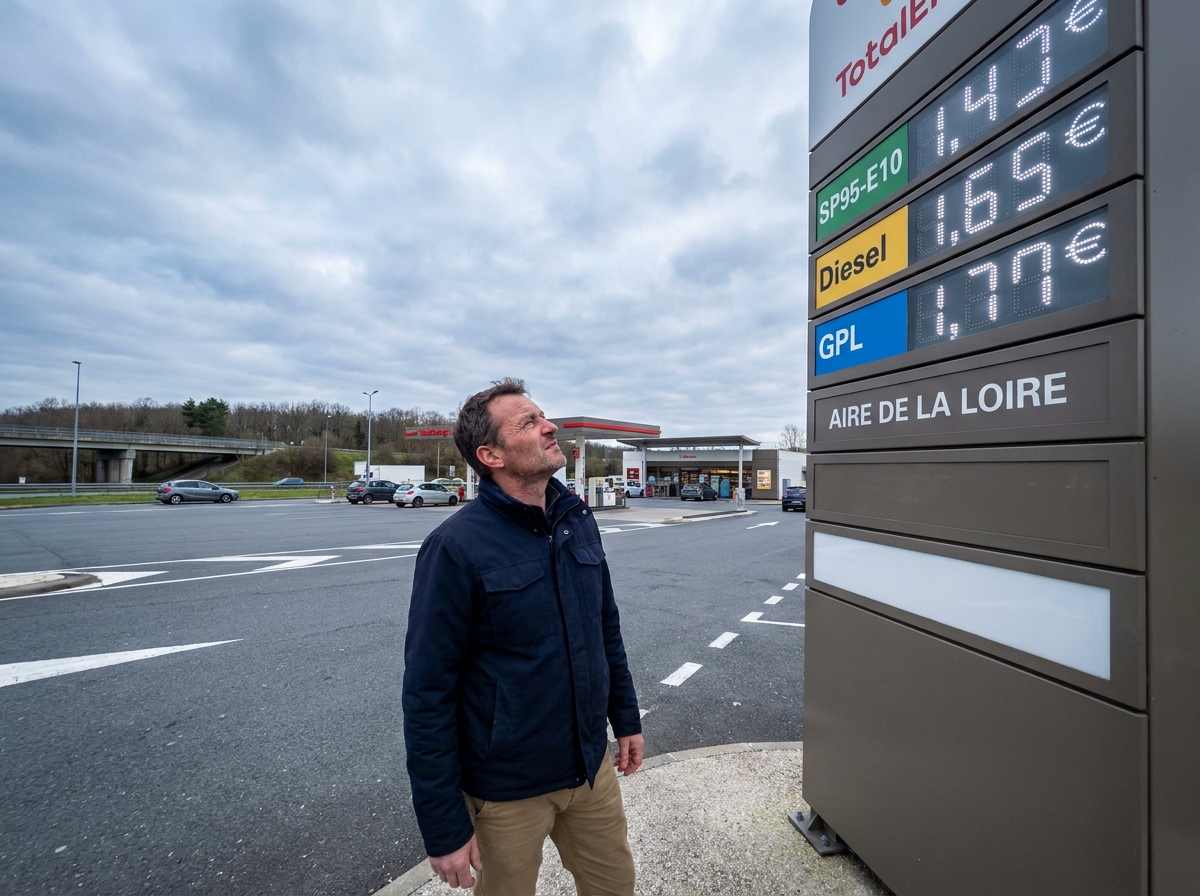 Homme lisant l'affichage des prix du carburant à l'entrée d'une station-service d'autoroute