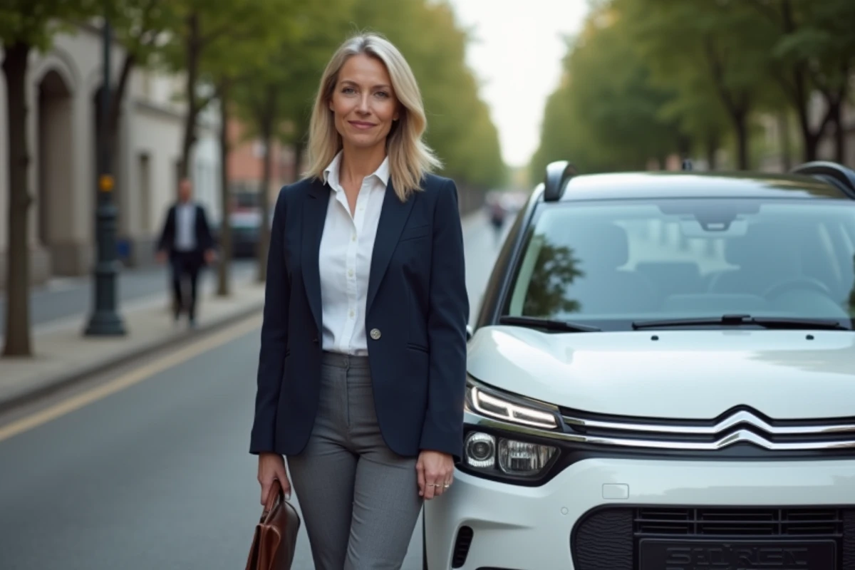 Femme professionnelle à côté d'une Citroën C4 blanche en milieu urbain d'affaires