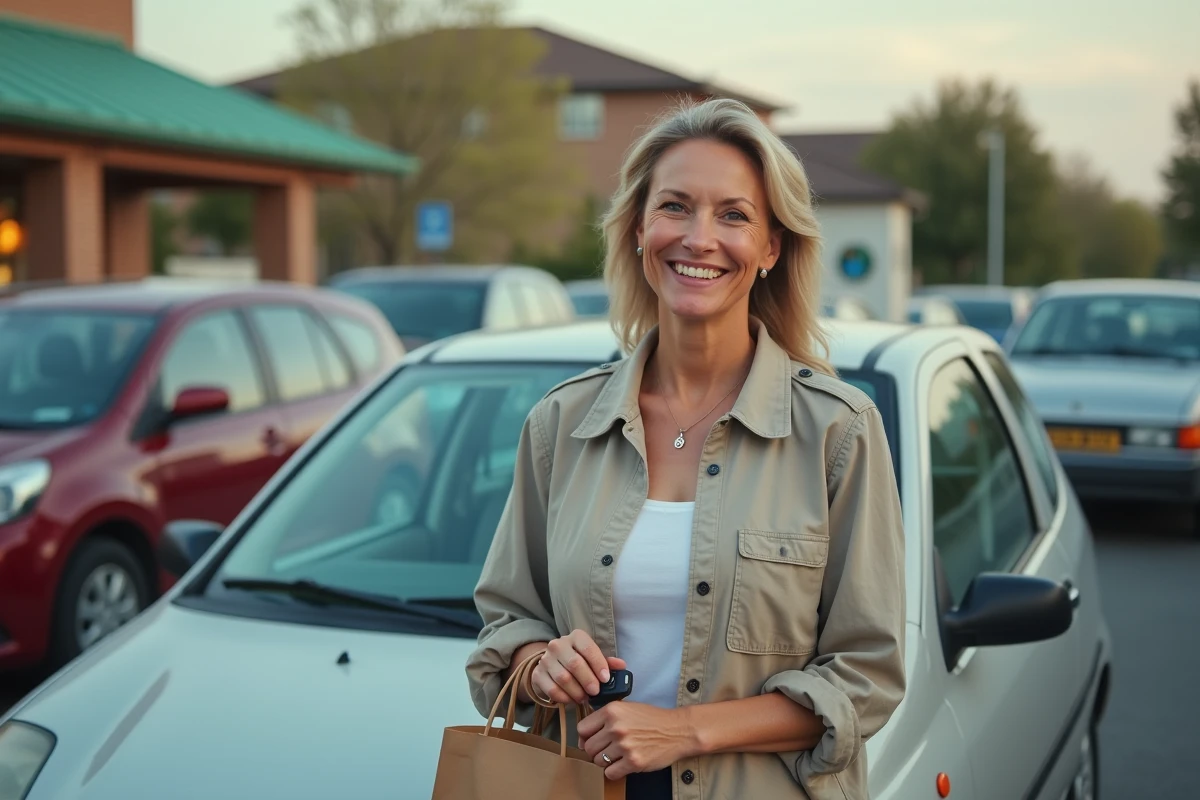 Femme souriante à côté de sa petite citadine fiable dans un parking, illustrant la durabilité d'un véhicule urbain au quotidien