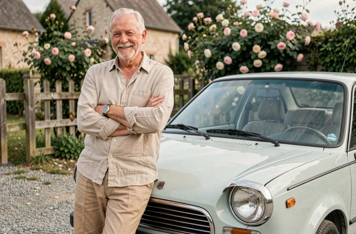 Homme âgé souriant appuyé contre une ancienne voiture sans permis dans une cour de maison rurale française