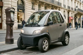 Quadricycle lourd 4 places garé dans une rue parisienne, alternative urbaine à la voiture