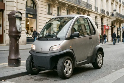 Quadricycle lourd 4 places garé dans une rue parisienne, alternative urbaine à la voiture