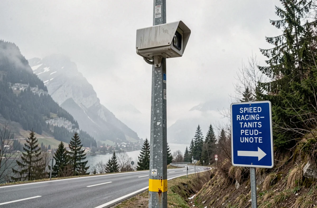 Radar de contrôle de vitesse fixe sur la Route de Thonon en Haute-Savoie avec panneau de signalisation routière