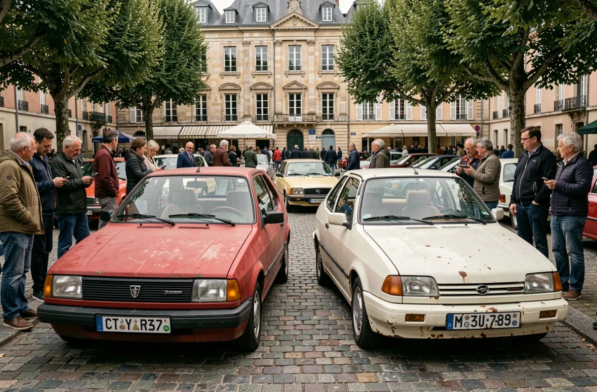 Rassemblement de voitures sans permis anciennes sur une place de village français avec des passionnés