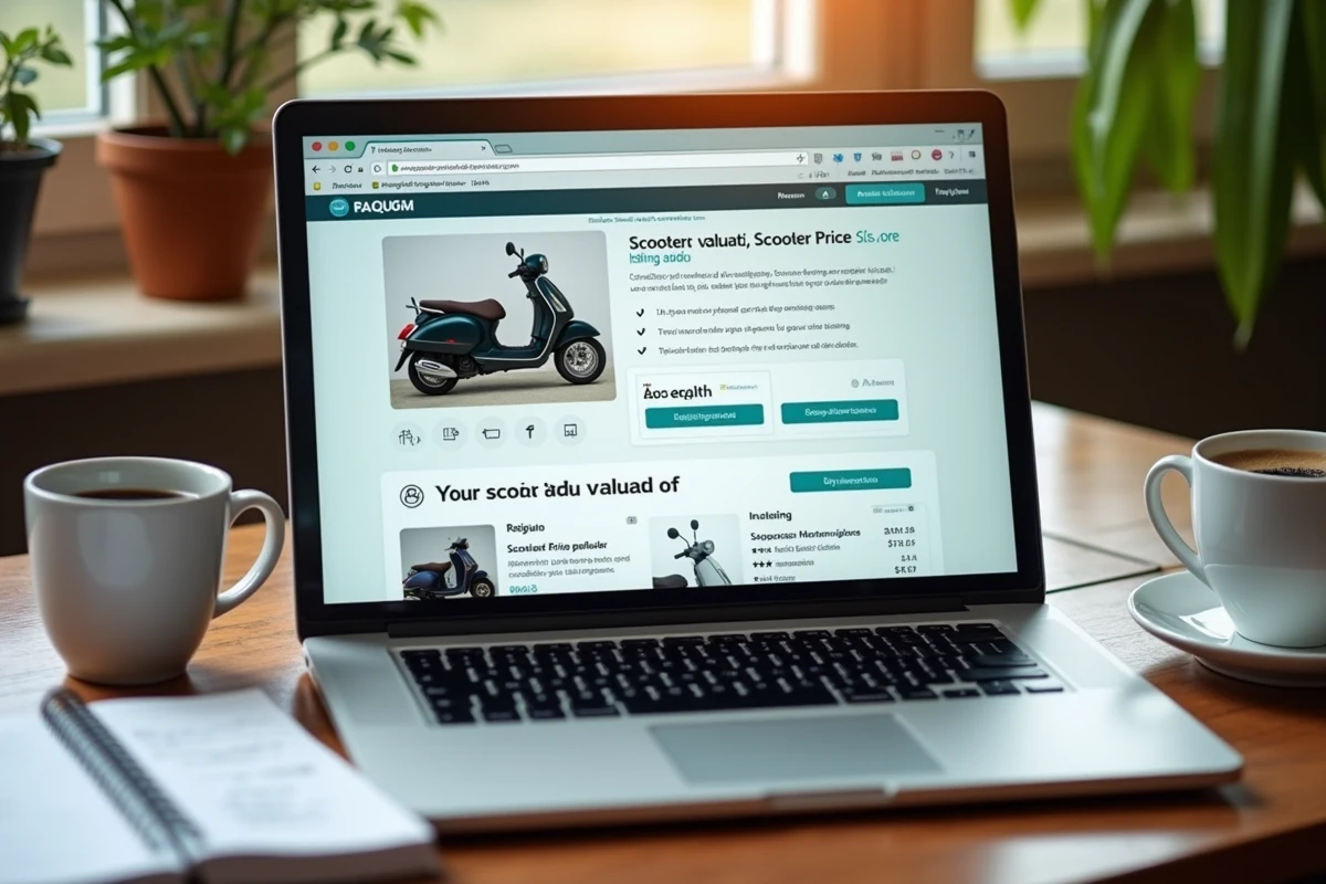 Ordinateur portable affichant un site d'argus scooter avec des graphiques de prix régionaux sur un bureau avec notes manuscrites