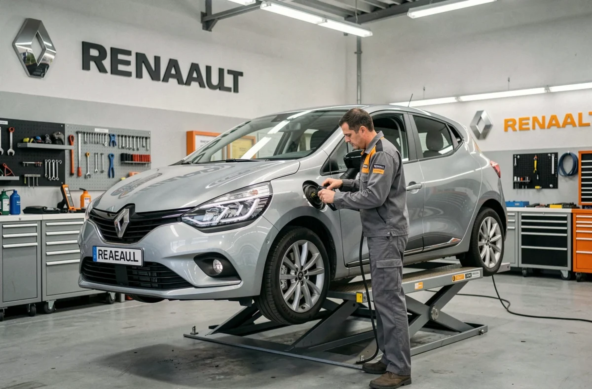 Technicien en uniforme Renault effectuant une vidange sur une Clio dans le centre de service Giamson Paris 11