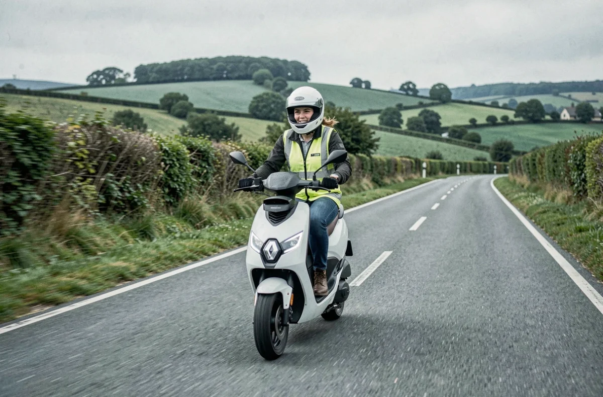 Femme pilotant un scooter Renault R7 a2 sur une route de campagne pour un long trajet