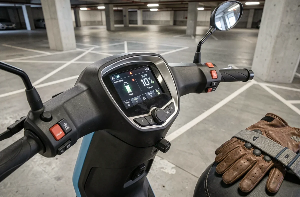 Tableau de bord numérique du scooter Renault R7 a2 montrant l'autonomie et le niveau de batterie dans un parking urbain