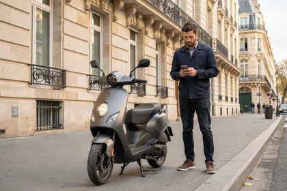 Scooter électrique Renault R7 a2 garé dans une rue parisienne avec un homme consultant son téléphone