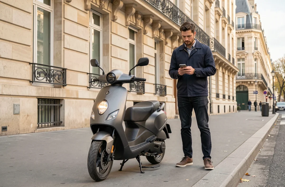 Scooter électrique Renault R7 a2 garé dans une rue parisienne avec un homme consultant son téléphone