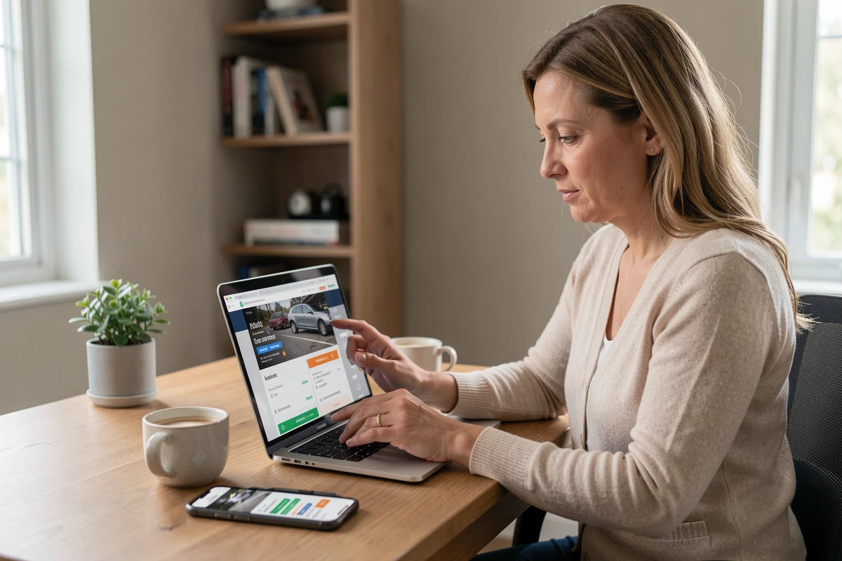 Femme réservant une réparation automobile en ligne sur un site spécialisé depuis son bureau à domicile
