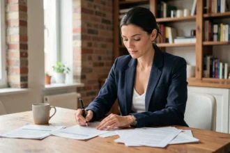 Femme signant un document de résiliation d'assurance auto à son domicile