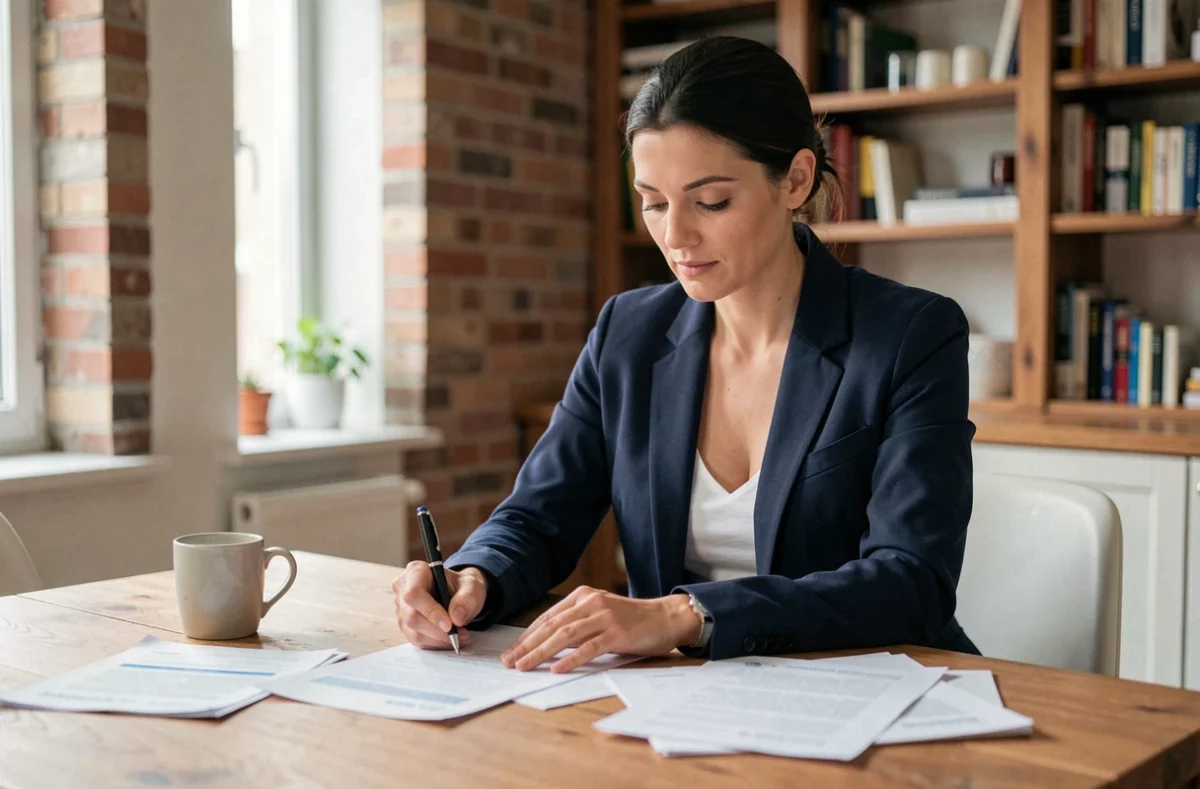 Femme signant un document de résiliation d'assurance auto à son domicile