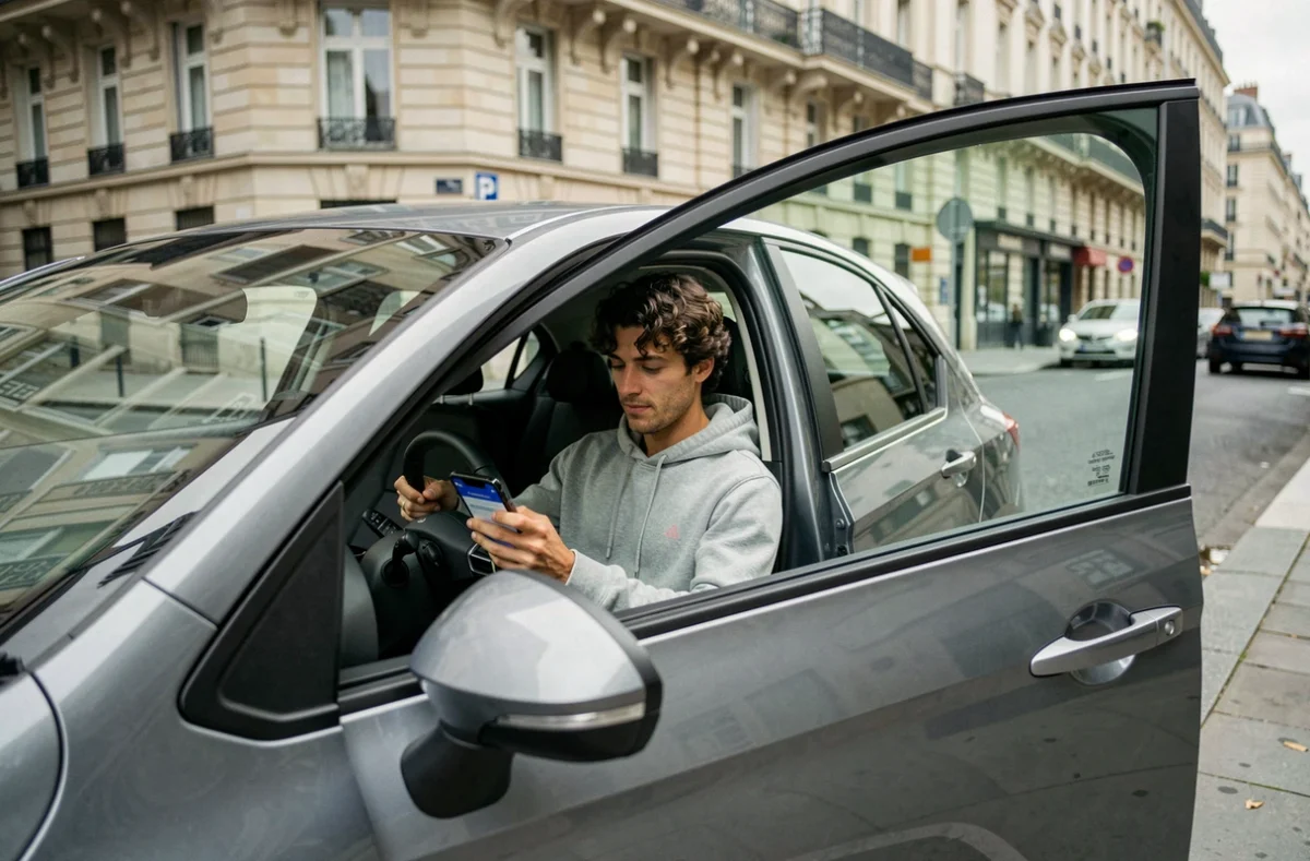 Conducteur utilisant son smartphone dans sa voiture pour résilier son assurance auto en ligne