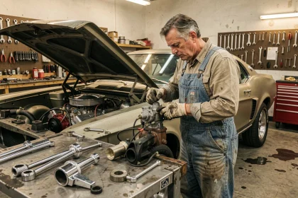 Mécanicien inspectant le moteur V8 d'une Ford Mustang 1969 en cours de restauration dans un atelier automobile professionnel