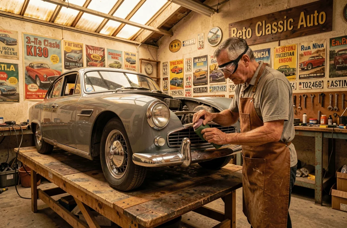 Atelier de restauration de voitures anciennes Retro Classic Auto dans le Loiret avec mécanicien travaillant sur un véhicule vintage