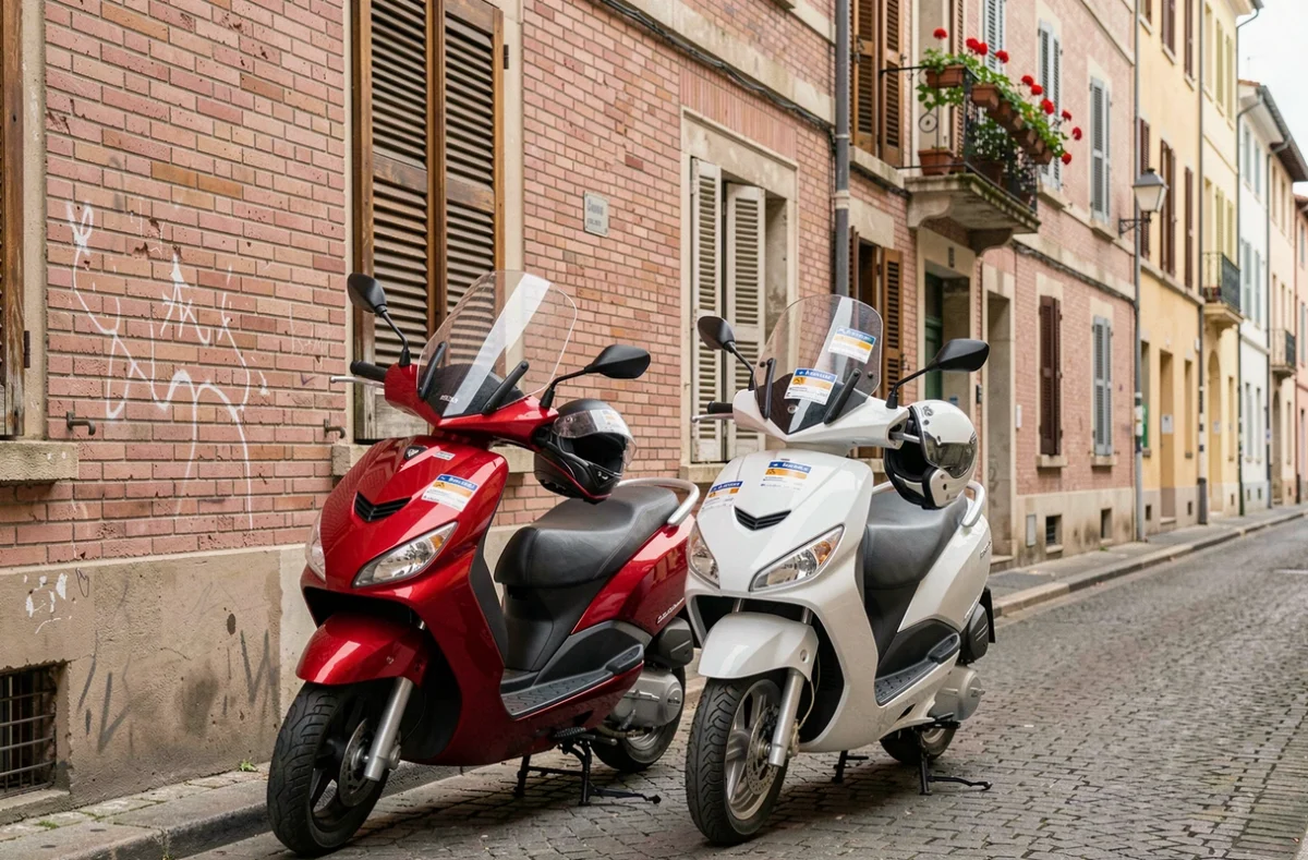 Deux scooters garés dans une rue résidentielle de Toulouse avec vignettes d'assurance visibles sur les pare-brises