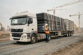 Semi-remorque 44 tonnes chargé de matériaux de construction sur un chantier BTP avec grues et engins de terrassement en arrière-plan