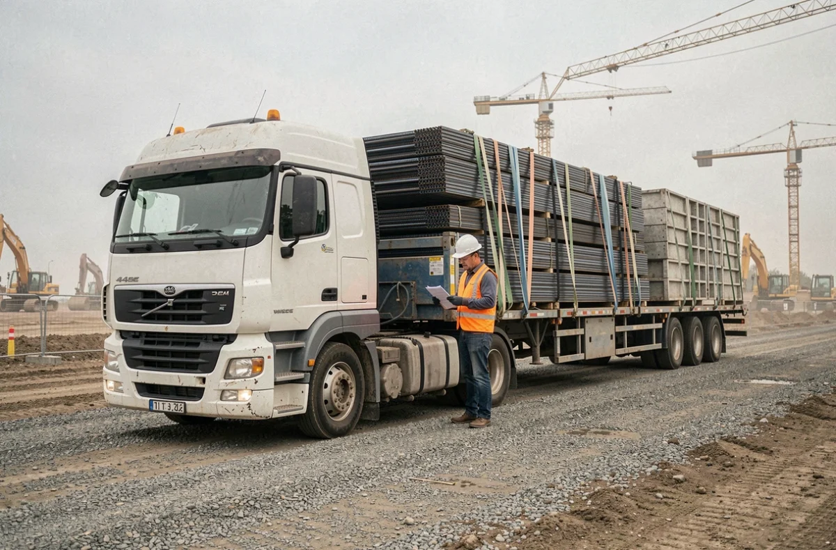 Semi-remorque 44 tonnes chargé de matériaux de construction sur un chantier BTP avec grues et engins de terrassement en arrière-plan