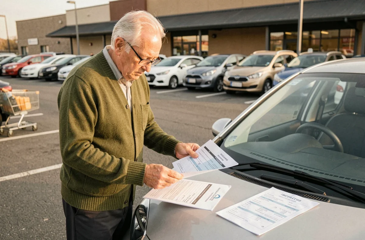 Senior consultant des documents administratifs d'achat d'une voiture sans permis dans un parking