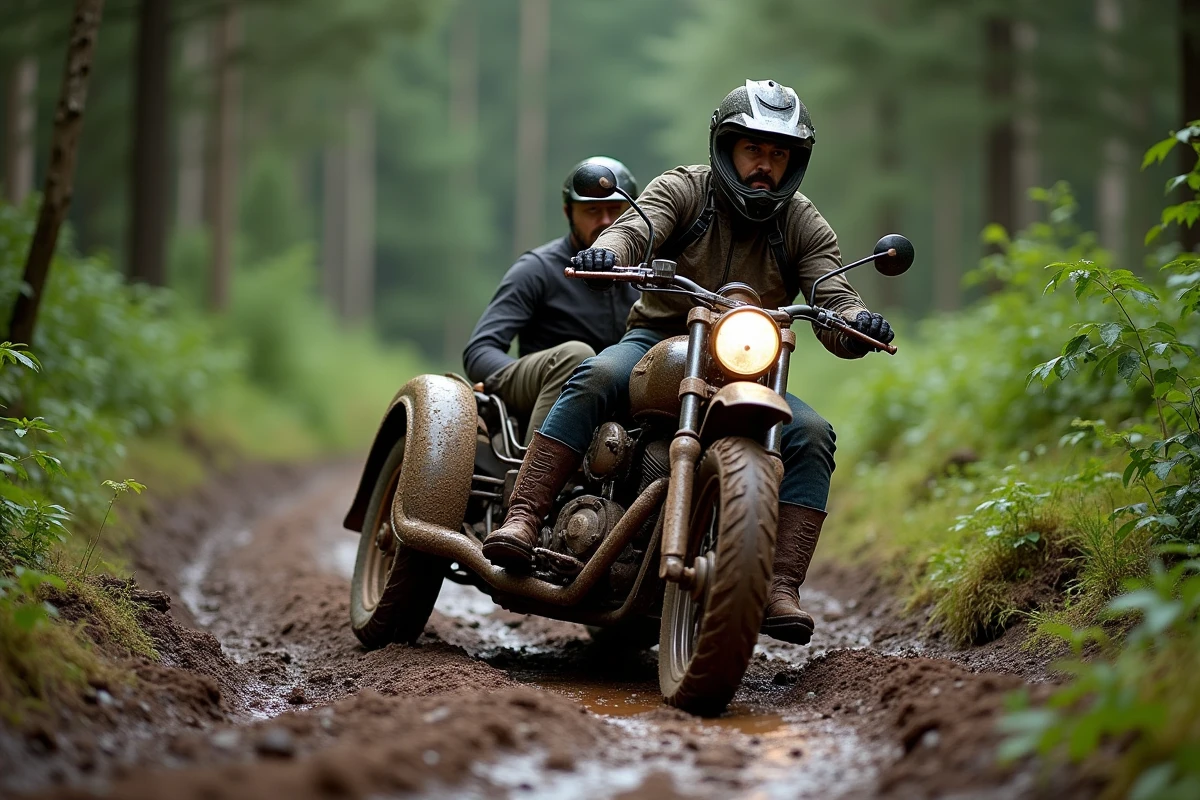 Sidecar tout-terrain en action sur un sentier boueux en forêt