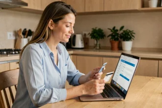 Femme souscrivant une assurance auto en ligne depuis son ordinateur portable à la maison