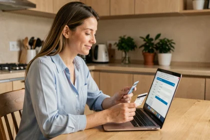 Femme souscrivant une assurance auto en ligne depuis son ordinateur portable à la maison