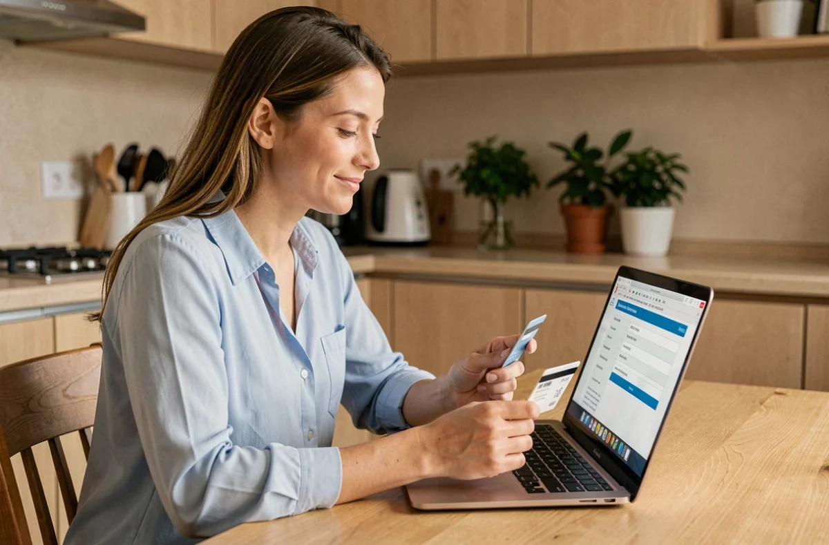 Femme souscrivant une assurance auto en ligne depuis son ordinateur portable à la maison