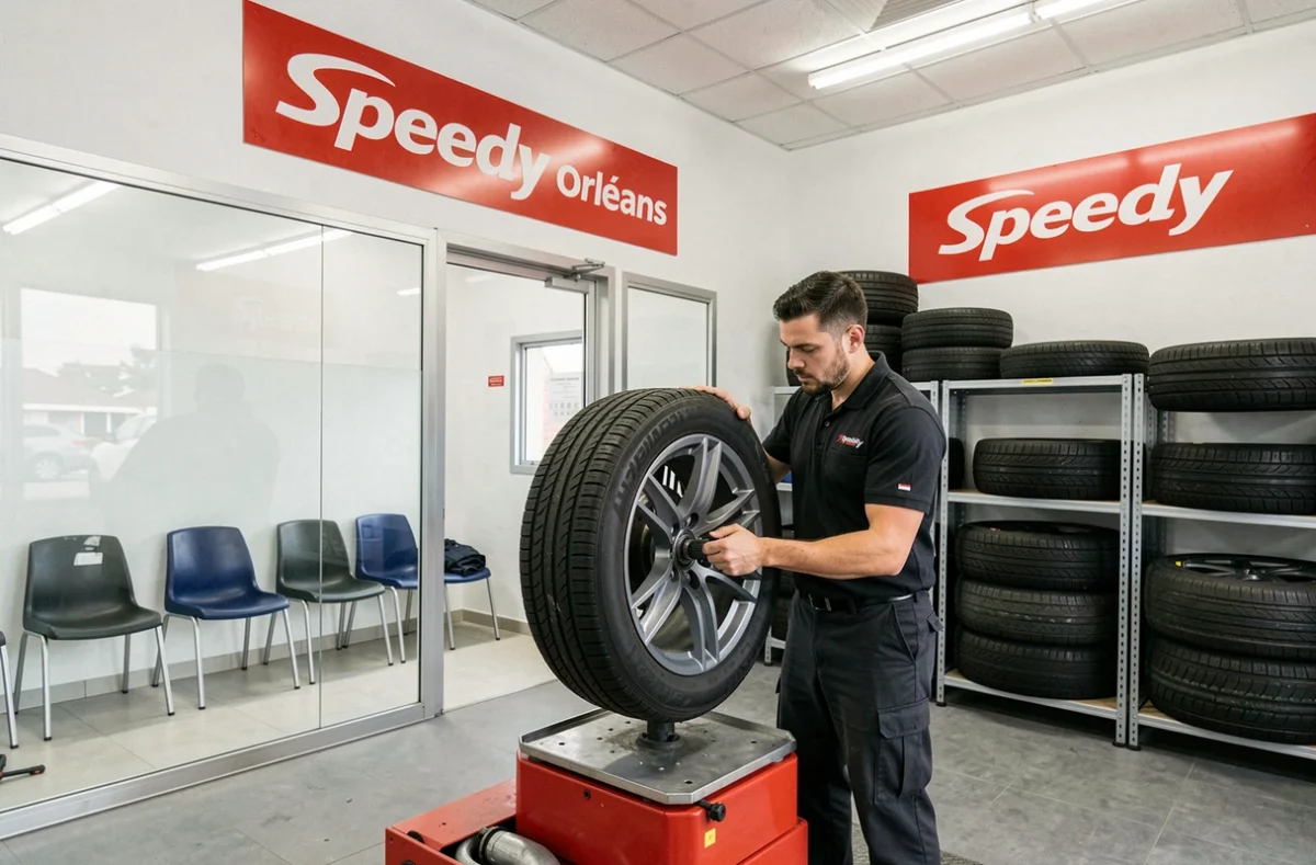 Technicien de Speedy Orléans équilibrant un pneu sur une machine de montage dans un centre auto moderne