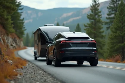 SUV électrique 4x4 noir tractant une remorque de camping sur une route de montagne forestière en automne