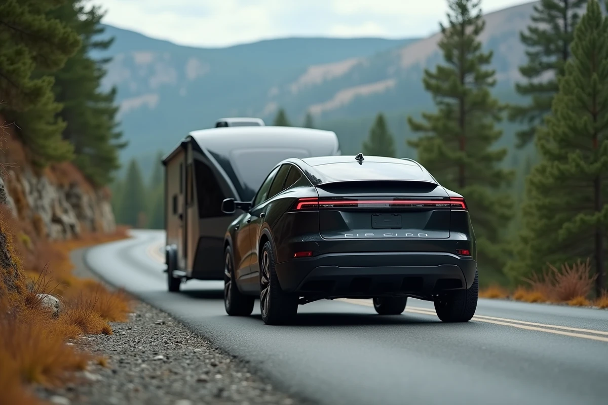 SUV électrique 4x4 noir tractant une remorque de camping sur une route de montagne forestière en automne