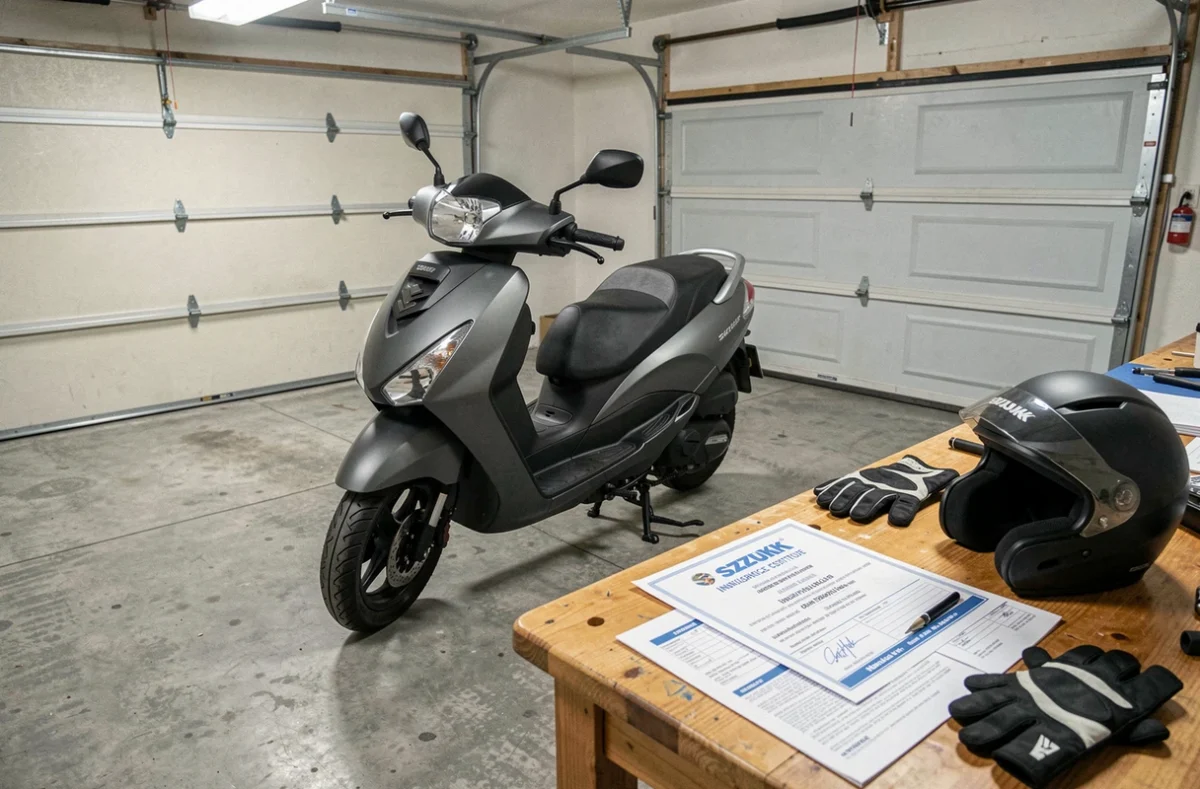Scooter Suzuki Burgman dans un garage avec des papiers d'assurance posés sur un établi