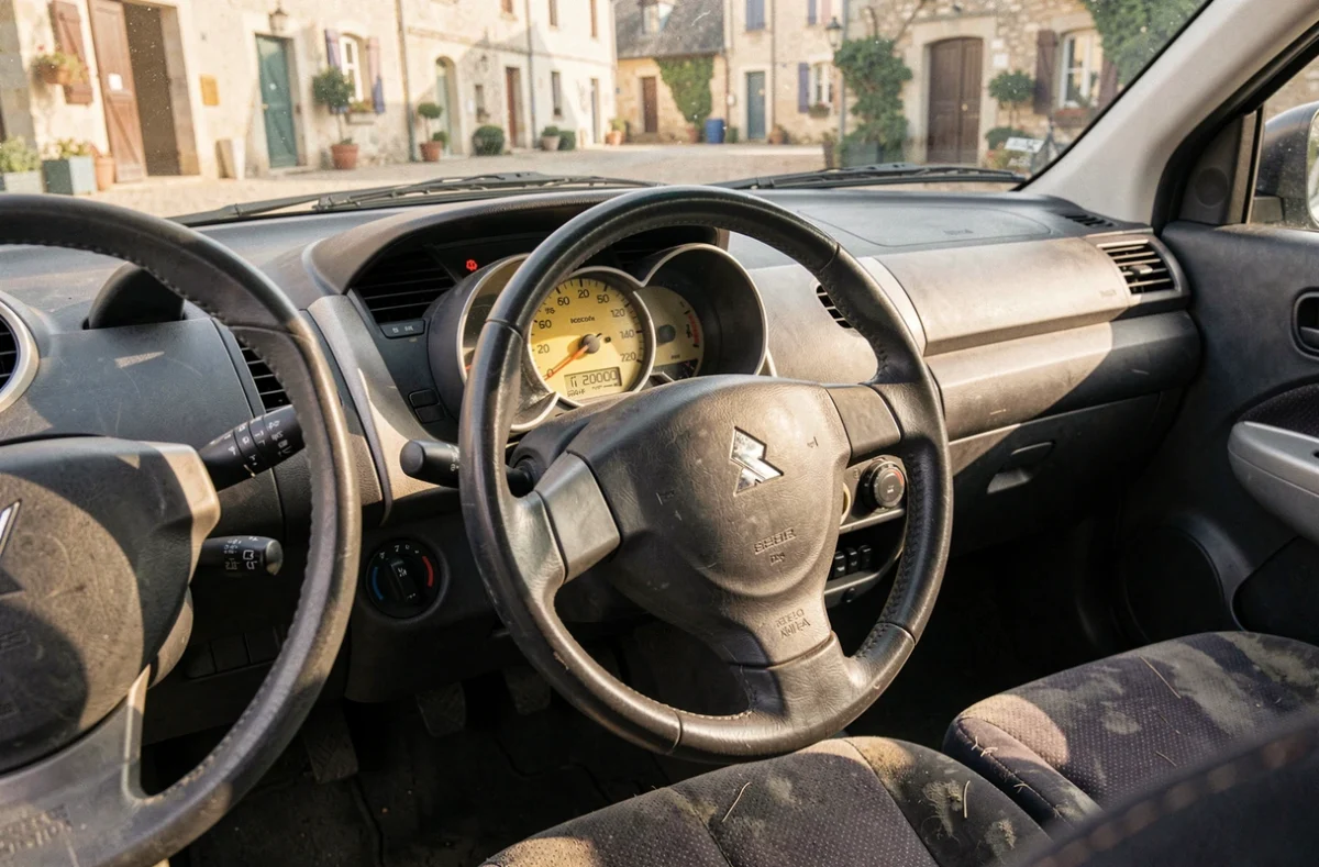 Tableau de bord intérieur d'une Suzuki Swift diesel montrant le compteur kilométrique à 200 000 km avec habitacle usé mais fonctionnel, illustrant la fiabilité réelle du modèle 1.3 DDiS