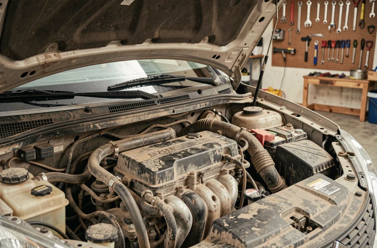 Compartiment moteur d'une Suzuki Swift 1.3 DDiS diesel à haut kilométrage ouvert dans un garage, révélant l'état réel du moteur après 200 000 km avec traces d'usure et composants vieillis