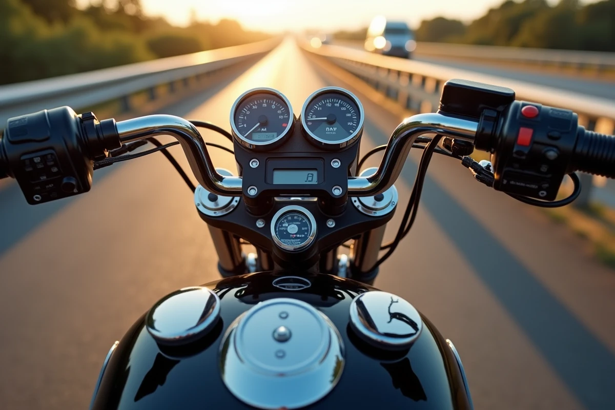 Tableau de bord et moteur d'une moto puissante adaptée à la conduite sur autoroute