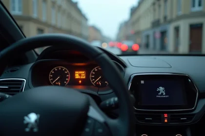 Tableau de bord Peugeot 208 avec voyant orange allumé sur le combiné numérique, vue depuis le siège conducteur