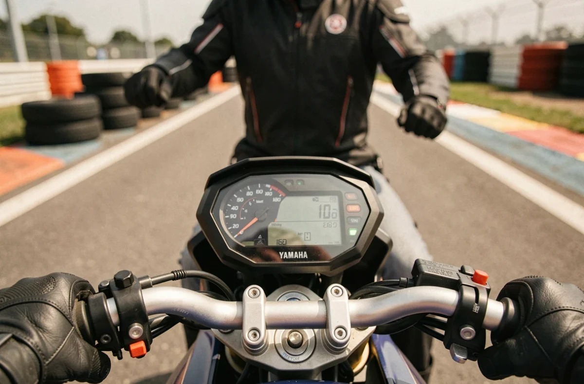 Tableau de bord digital de la Yamaha MT-125 affichant la vitesse maximale lors d'un essai sur circuit