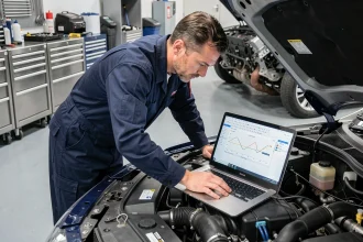 Technicien automobile connectant un ordinateur de diagnostic à l'unité de contrôle moteur DME dans un atelier professionnel