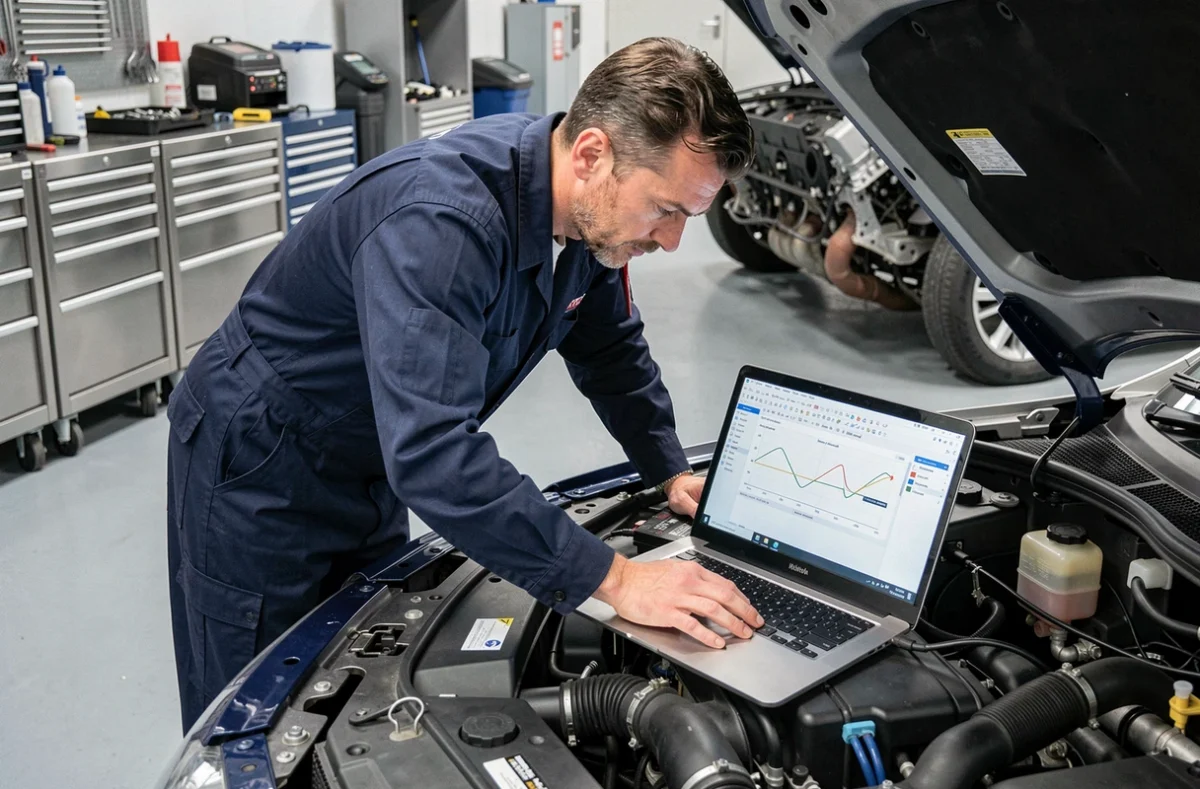 Technicien automobile connectant un ordinateur de diagnostic à l'unité de contrôle moteur DME dans un atelier professionnel