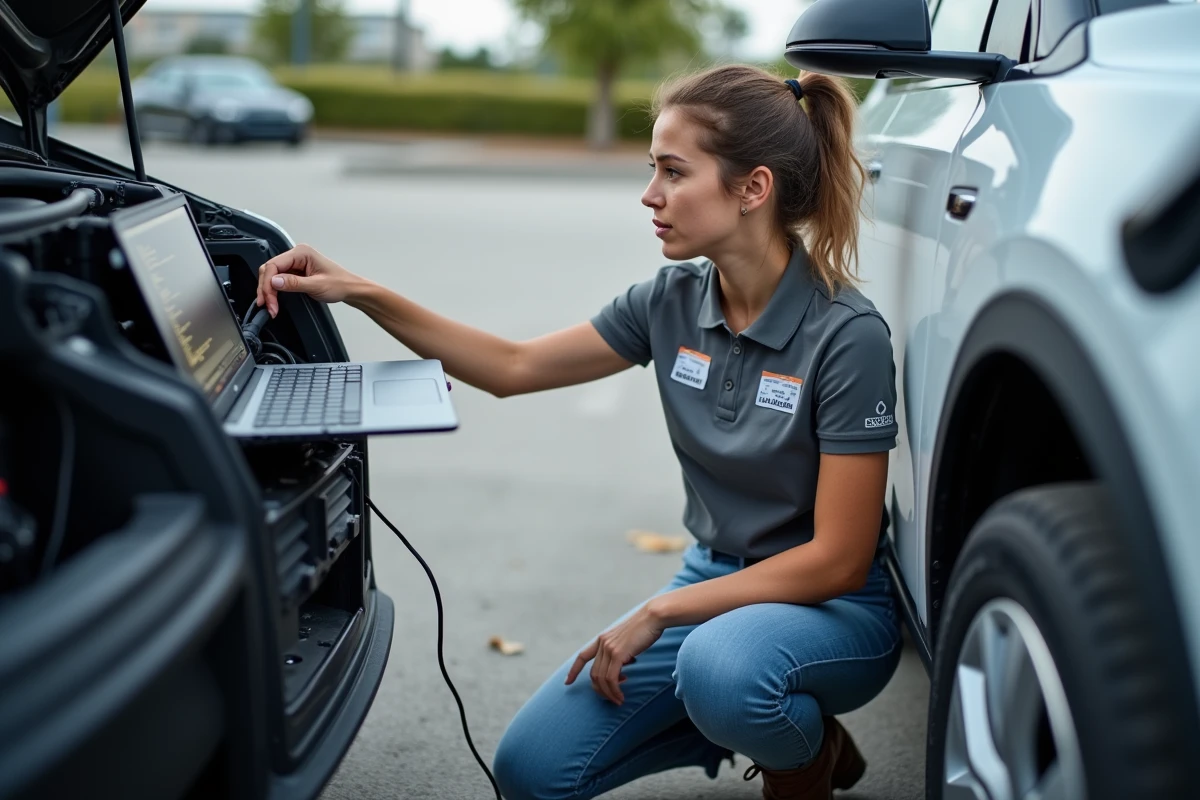 Jeune femme contrôlant une voiture électrique avec un laptop