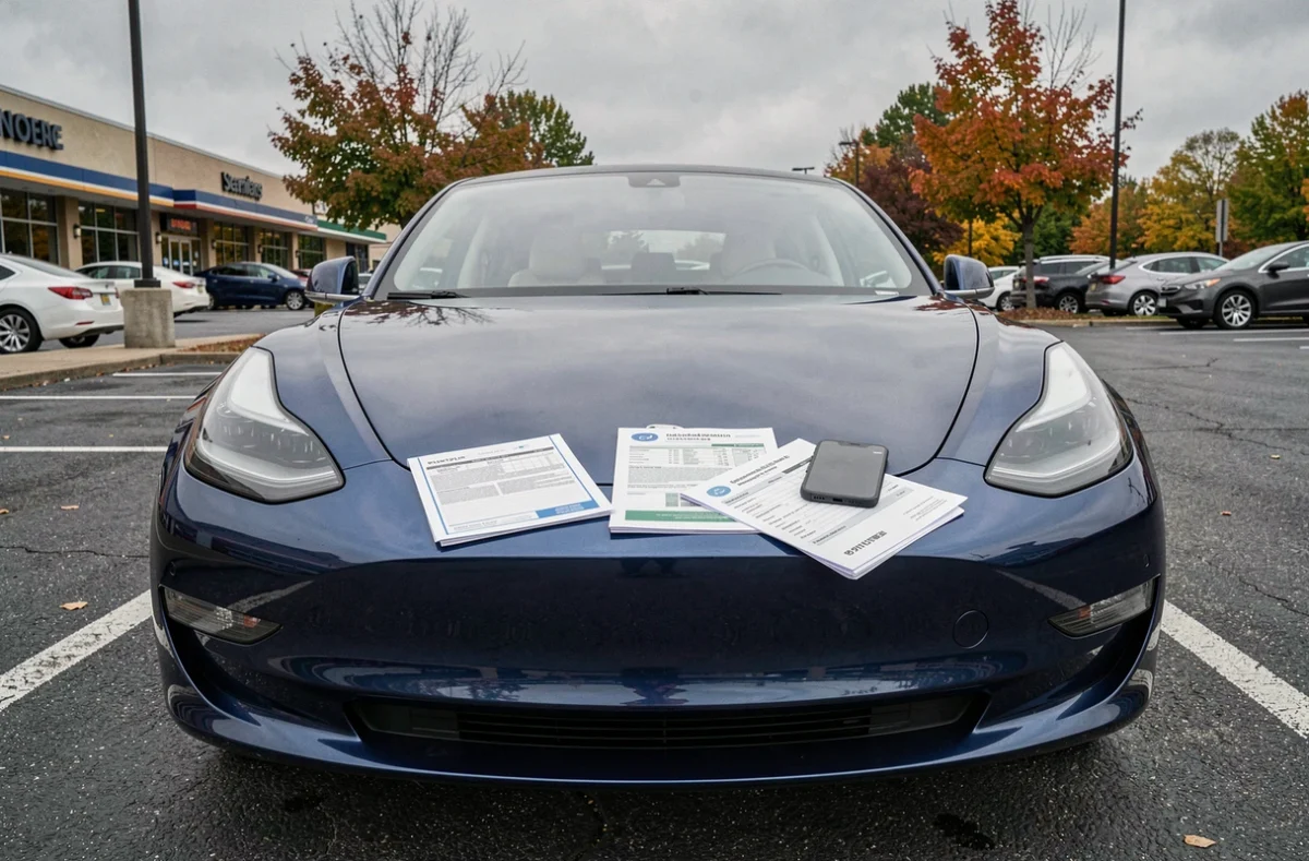 Tesla Model 3 bleue nuit garée avec des documents d'assurance auto posés sur le capot dans un parking suburban