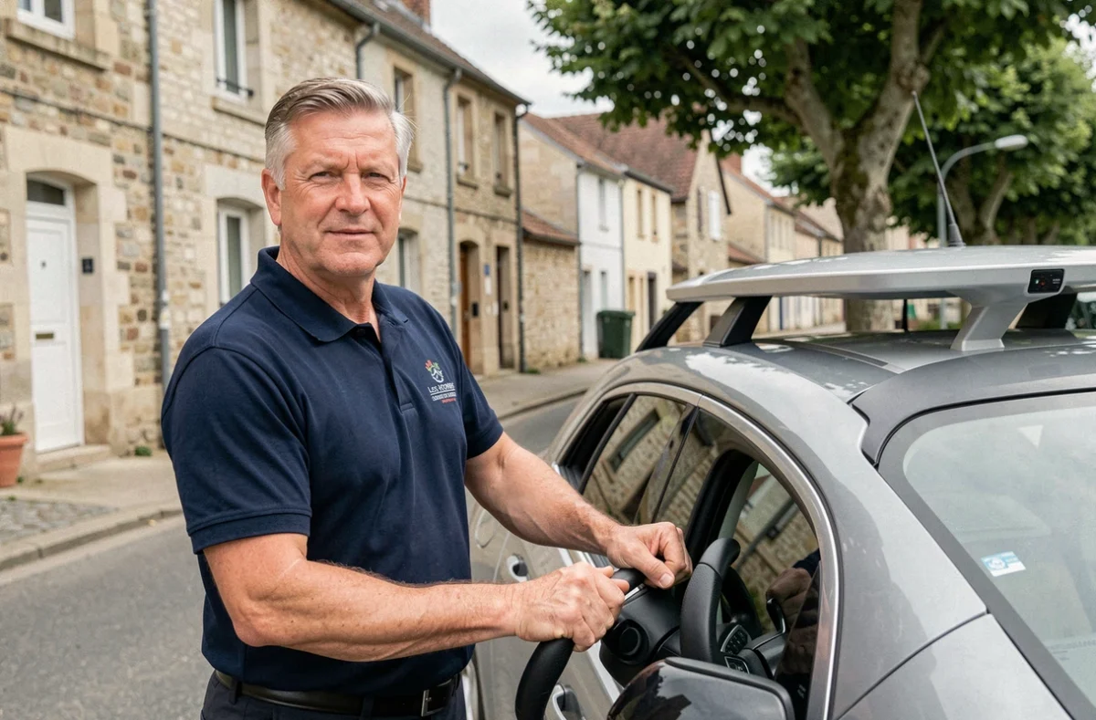 Moniteur d'auto-école devant un véhicule de conduite accompagnée aux Herbiers en Vendée