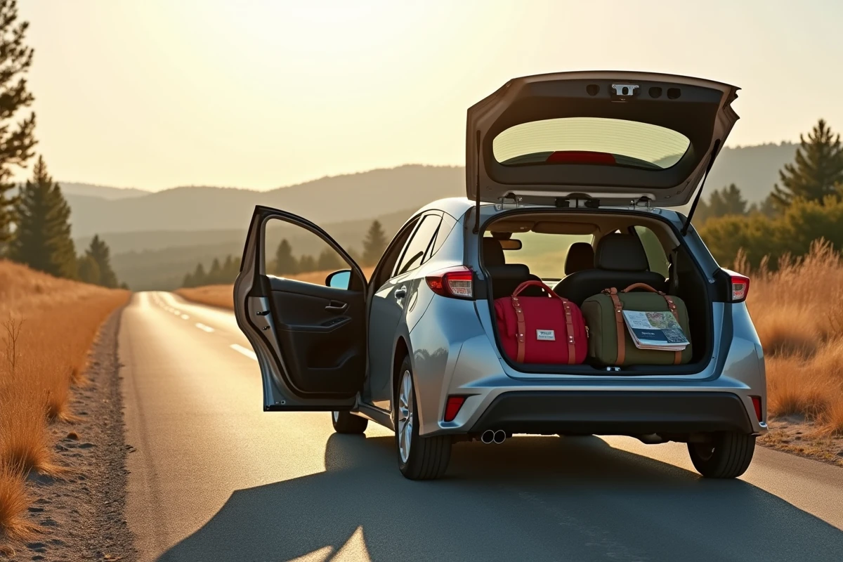 Toyota Corolla arrêtée à une aire de repos lors d'un long trajet, portes ouvertes avec bagages et espace intérieur visible