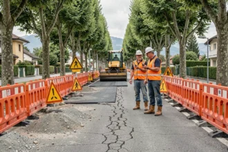 Travaux de voirie sur la Route de Thonon avec ouvriers en gilets haute visibilité et barrières de signalisation orange