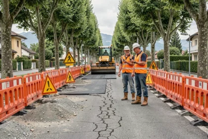 Travaux de voirie sur la Route de Thonon avec ouvriers en gilets haute visibilité et barrières de signalisation orange